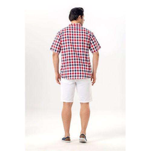 Kısa Kol Şile Bezi Tek Cepli Hakim Yaka Erkek Yazlık Tshirt Kırmızı Lacivert Kareli 3008