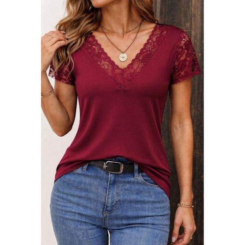 Kadın Kısa Kollu V Yakalı Dantelli Viskon Bluz