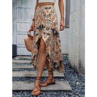 Kadın Yüksek Bel çiçek Desenli önü Asimetrik Detaylı Uzun Süprem Etek