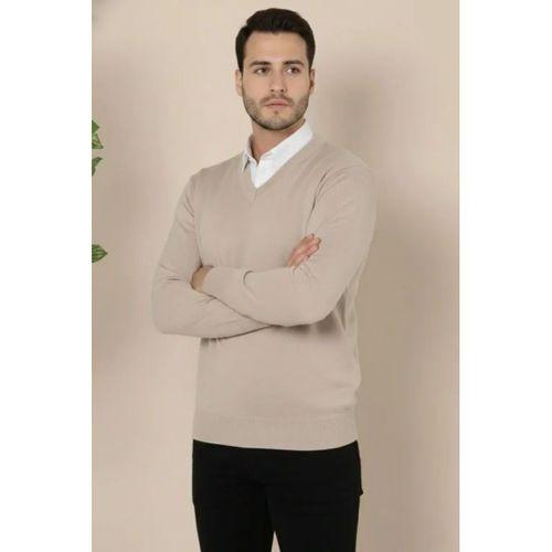 Erkek V Yaka Triko Kazak Yumuşak Dokulu Pamuklu Ince Dokuma, Uzun Kollu Rahat Regular Kalıp - Bej