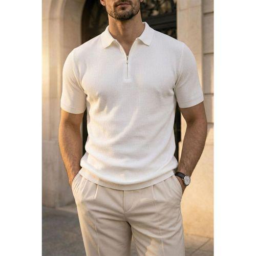 Jeff Selanik Örgü Polo Yaka Yarım Fermuarlı İnce Triko Erkek T-Shirt - Ekru