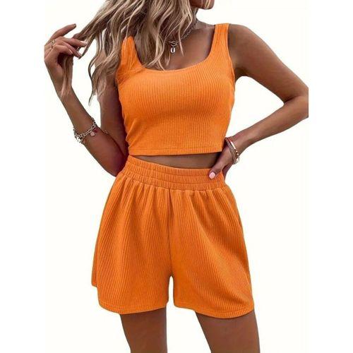 Kadın Askılı Yuvarlak Yakalı Burgu Krop Ve Bluz Short Ikili Takım
