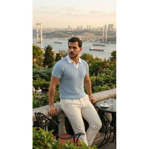 Erkek Desenli Kısa Kollu Triko Tişört - %100 Pamuk Akrilik