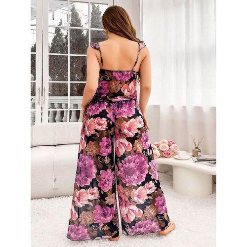 Özel Tasarım Büyük Beden Çiçek Desenli Bol Kesim 2'li Pijama Takımı