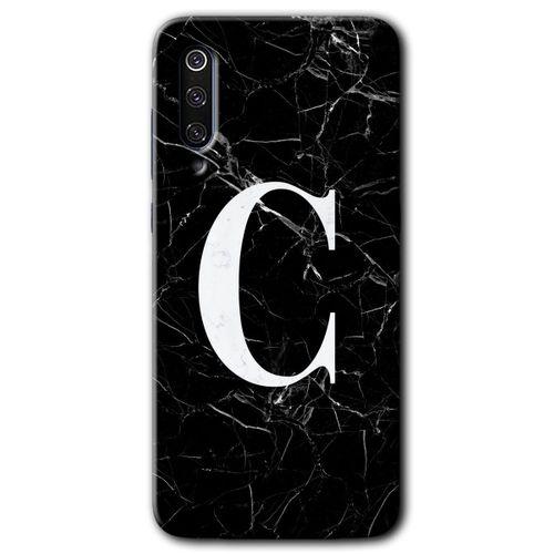 Xiaomi Mi 9 SE Kılıf HD Desen Baskılı Arka Kapak+Temperli Cam - Siyah Mermer Desenli C Harfi
