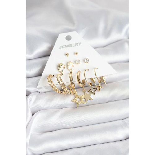 Gold Renk Yıldızlı Set 6 Çift Kadın Küpe Seti