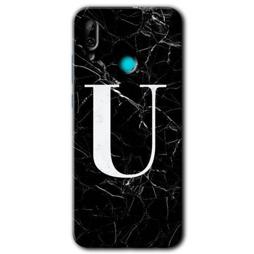 Huawei P smart 2019 Kılıf Baskılı Kapak - Siyah Mermer Desenli U Harfi + 5D Tam Kaplayan Cam