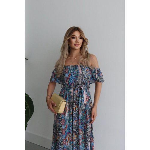 Kadın Kısa Kollu Madonna Yaka Fırfırlı Belden Yırtmaçlı Maksi Süprem Elbise