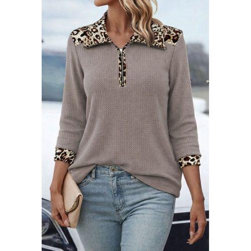 Kadın Uzun Kollu Leopar Yakalı Fermuarlı Waffle Bluz