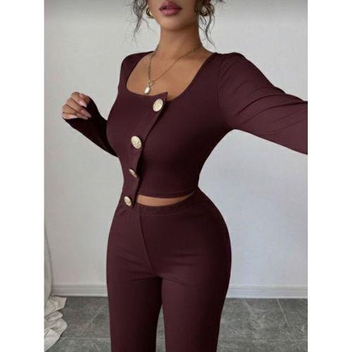 Kadın Uzun Kol Kare Yaka Asimetrik Düğme Detay Bluz Ve Yüksek Bel Pantolon Ikili Takım