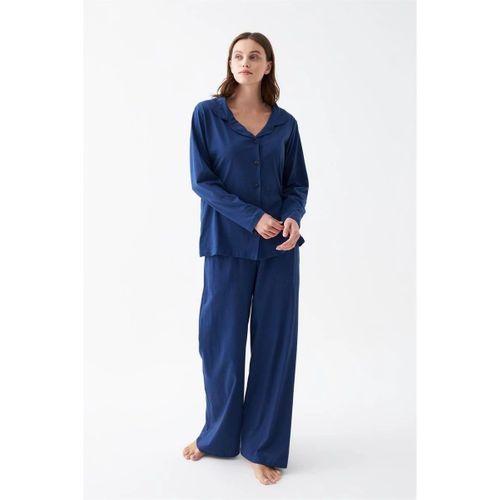 Kadın Lacivert Düğmeli Yaka Detaylı Pamuklu Pijama Takımı