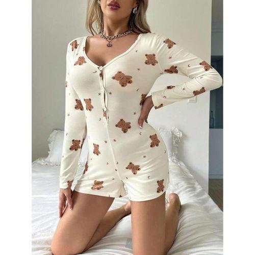 Pamuklu Ekru Ayıcık Desenli Düğmeli Tulum Pijama