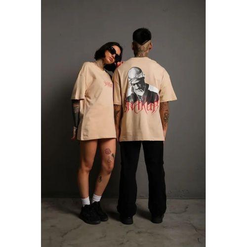 Erkek Oversize Tişört – Beyaz 24/1 Penye Kumaş, Bisiklet Yaka, Ön - Arka Baskılı, Streetwear Tarzı Rahat Büyük Kalıp T-Shirt - Bej