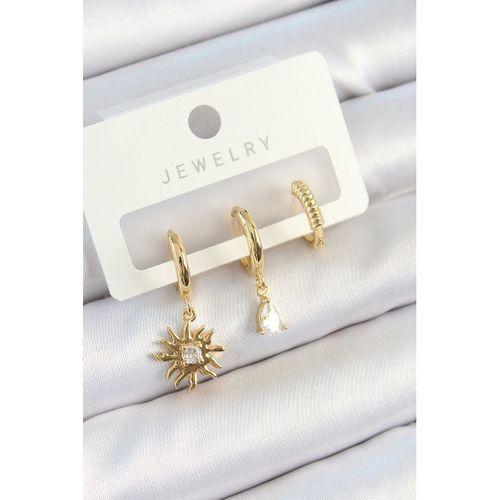 Pirinç Zirkon Taşlı Güneş Model Gold Renk 3'lü Çift Kadın Küpe Set