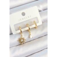 Pirinç Zirkon Taşlı Güneş Model Gold Renk 3'lü Çift Kadın Küpe Set
