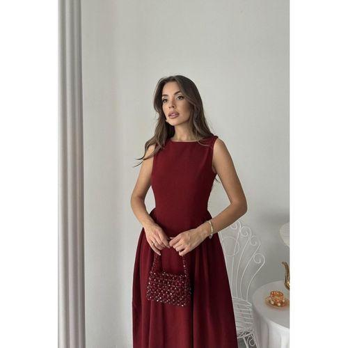 Bordo Yanları Büzgülü Midi Boy Keten Elbise