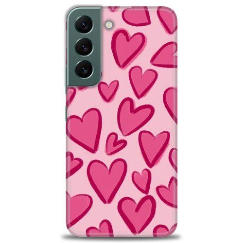 Samsung Galaxy S22 Kılıf HD Baskılı Kılıf - Pembe Kalp + Tam Ekran Koruyucu