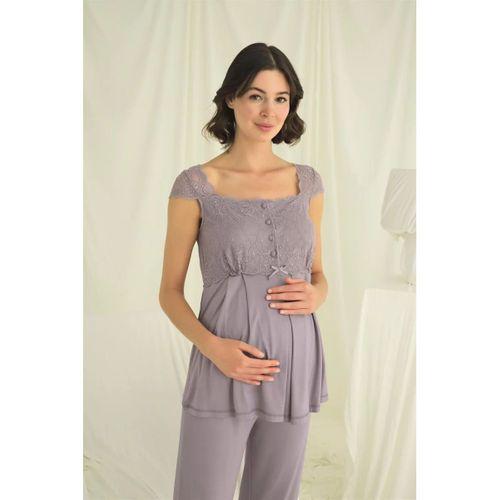 Dantelli Önü Düğmeli Hamile Lohusa 3'lü Pijama Takımı