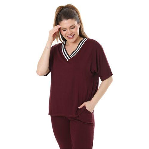 Melsay Butik Bordo V Yaka Şerit Detaylı Kısa Kollu Beli Lastikli Kapri Takım