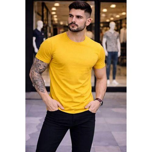 Erkek T-Shirt Bisiklet Yaka Slim Fit Dar Kesim Likralı Tişört Günlük Basic Body - Sarı
