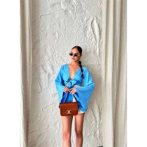 KETEN BAĞLAMA DETAYLI BLUZ İSPANYOL KOL - Mavi