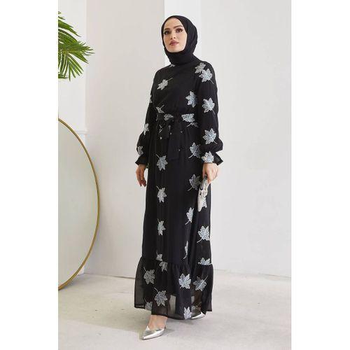 Şifon Bayan Elbise Tesettür Astarlı Yaprak Desenli Turkuaz Siyah 4515