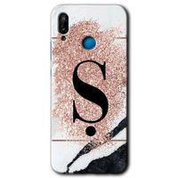 Huawei P20 Lite Kılıf HD Desen Baskılı Arka Kapak + Temperli Cam - Pembe Mermer Desenli Ş Harfi