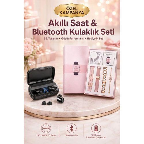 Aksesuar Hediyeli Akıllı Saat Ve Dijital Göstergeli Powerbankli Bluetooth Kulaklık