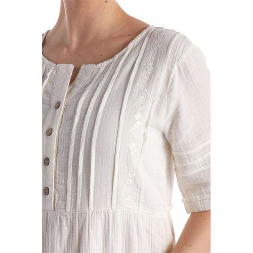 Kısa Kol Kırık Beyaz Kare Yaka Cep Detaylı Midi Boy Müslin Yazlık Elbise