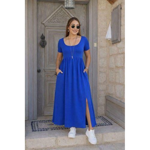 Kadın Kısa Kollu Yuvarlak Yaka önden Yırtmaçlı Cepli Viskon Uzun Elbise