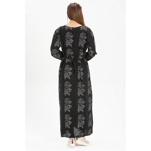 Büyük Beden Uzun Kol Şile Bezi Baskılı Zambak Desen Uzun Yazlık Elbise Siyah Syh