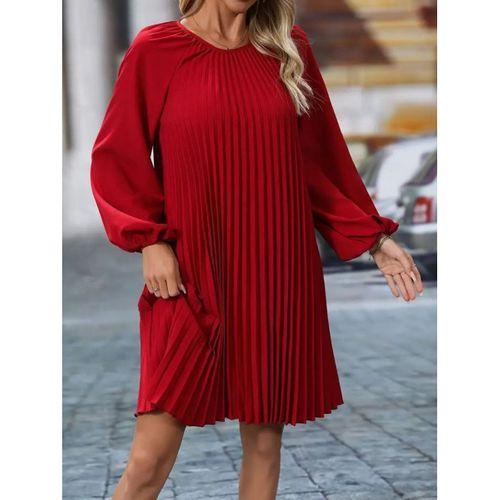 Kadın Uzun Kollu Yuvarlak Yaka Pileli Salaş Mini Ithal Krep Elbise