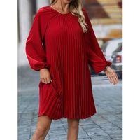 Kadın Uzun Kollu Yuvarlak Yaka Pileli Salaş Mini Ithal Krep Elbise