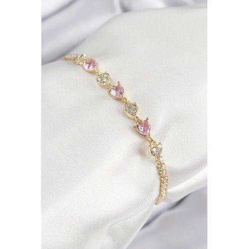 Pirinç Zirkon Taşlı Pembe Kalp Model Gold Renk Kadın Bileklik