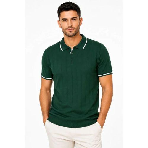 Erkek Fitilli Triko T-shirt Polo Yaka Yarım Fermuarlı Kısa Kollu Tişört - Yeşil