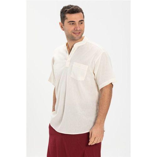 Büyük Beden Şile Bezi Kısa Kol Tek Cepli Hakim Yaka Erkek Yazlık Tshirt Krem 3002