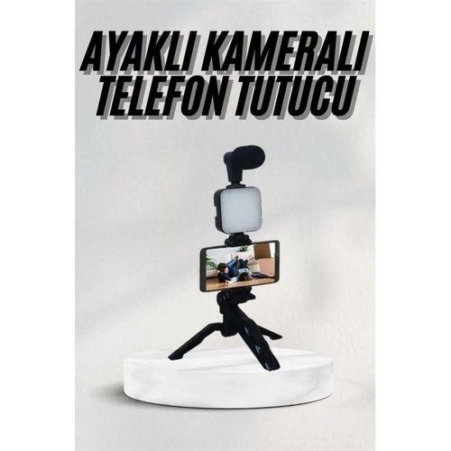 Telefon Tutucu Led Işıklı Kumandalı Mikrofon Telefon Vlog Video Kayıt