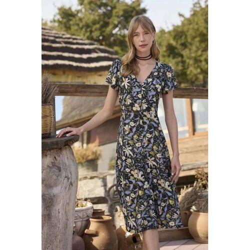 %100 Viskon Desenli Önden Düğmeli Elbise