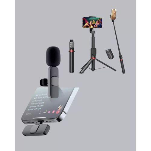 Kablosuz Çift Yaka Mikrofonu Ve Tripodlu Selfie Çubuğu İçerik Üretici Seti