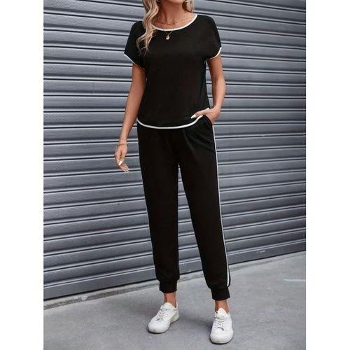 Kadın Kısa Kollu Yuvarlak Yakalı şerit Detaylı Viskon Iki Iplik Bluz Ve Pantolon Ikili Takım