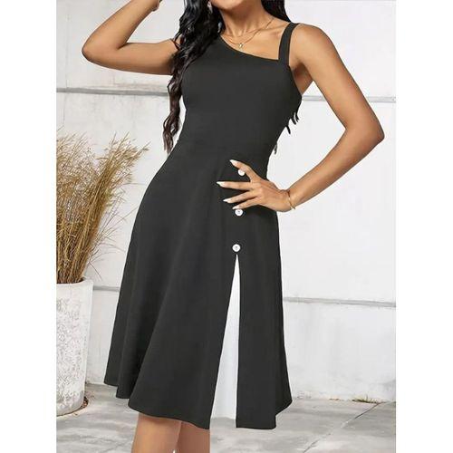 Kadın Tek Omuzu şerit Detaylı Kolsuz Yandan Düğme Detaylı Janjan Krep Elbise