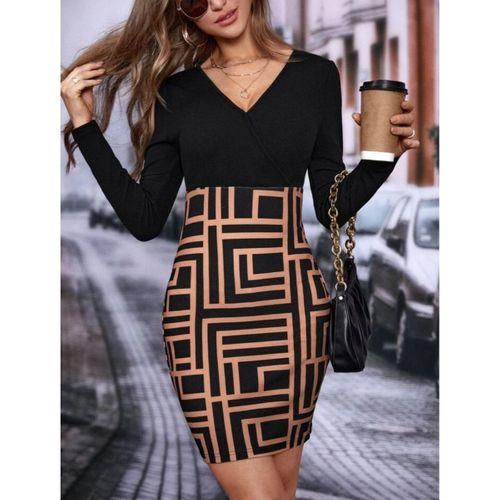 Kadın Uzun Kollu Kruvaze Yaka Labirent Desen Dalgıç Elbise