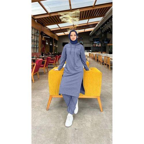 Uzun Tunik Kapşonlu Kenardan Yırtmaçlı İkili Spor Takım - 03034.006 - İndigo