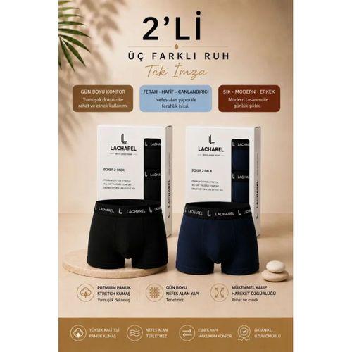 Erkek Likralı Pamuklu Nefes Alan Penye Boxer 2Li Paket - Siyah - Lacivert