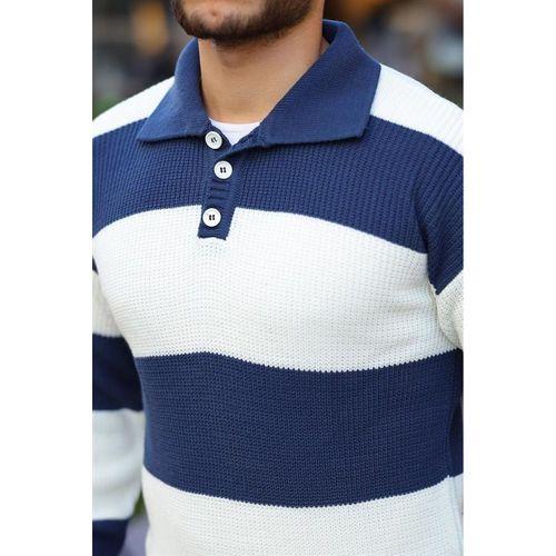 Düğmeli Polo Yaka Yarım Oversize Çizgili Triko Kazak - Lacivert