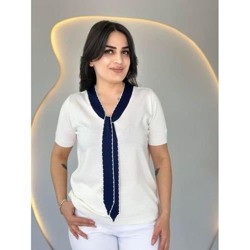 Kadın Kısa Kollu V Yaka Fular Detay Merserize Triko Bbluz