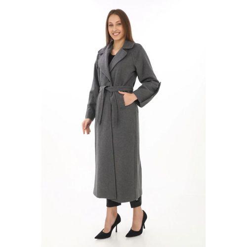 Uzun Kaşe Kaban – Yünlü Dokuma Kaşmir Kumaş, Kruvaze Yaka, Kuşaklı Astarlı Tesettür Uyumlu Şık Kışlık Siyah Model - Füme