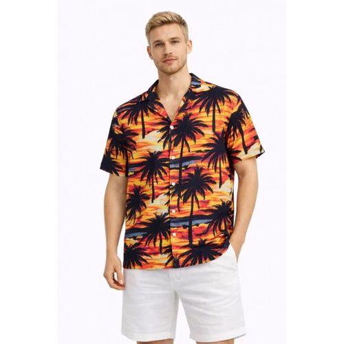 Erkek Gün Batımı Palmiye Desenli Kısa Kol Gömlek Hawaii Tarz Yazlık Rahat Kalıp - Desenli