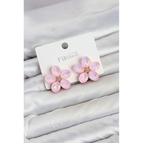 Pembe Renk Kristal Taşlı Çiçek Model Kadın Küpe