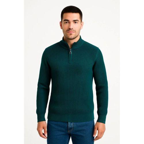 Erkek Yarım Fermuarlı Triko Kazak – Selanik Örgü, Dik Yaka, Pamuklu Dokuma, Regular Fit Uzun Kollu Kışlık Model - Haki
